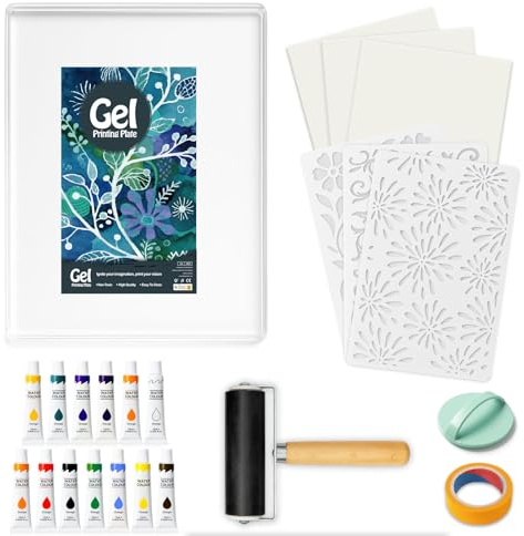 INNOVAYOU 8 x 10 Zoll Gel Druckplatte Set, Set mit Geldruck, Gummirolle, Aquarellfarben, Schablonen, Druckpapier, Geeignet für Kartenherstellung, Kunsthandwerk, Scrapbooking, Tagebuch