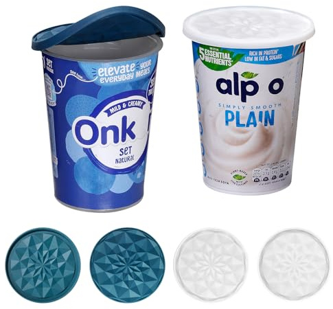 Joghurt Deckel 500g, Wiederverwendbare Silikondeckel Joghurtbecher, Großer Silikon Deckel, Wendbar Zur Verwendung Als Untersetzer, Geeignet Für Becherdeckel, Untersetzer (4, Transparentes Weiß + Blau)