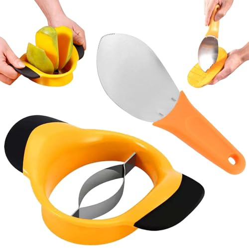 Mango Slicer,Mango Cutter & Corer,Split&Core Mangos,Non-Slip Handles,Stainless Steel Blade,Cutter-Fruit Slicer for Mango,Pineapple,Peach & Apples-Efficient Kitchen Tool (Black-Yellow,19.8x13.3x5cm)