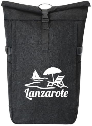 Huuraa Kurierrucksack Lanzarote Inselmotiv Spanien Geschenk | 30-44 Liter Backpack Black Melange Fairtrade Rolltop Rucksack Geschenkidee Schwarzer Laptop-Rucksack passend für 17-Zoll