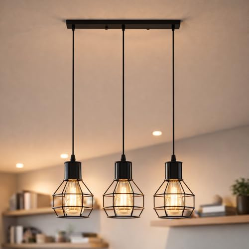 LEDSone 3 Light Industrial Ceiling Pendant Light, Black Geometric Cage Bar Fitting, E27 Adjustable Hanging Lamp, 50cm Vintage Chandelier for Kitchen Island Dining Room