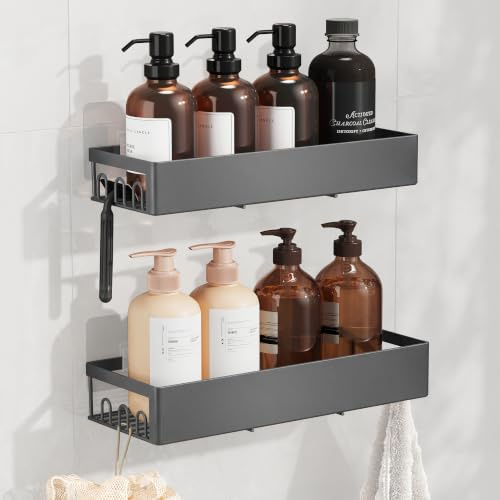 SONGMICS Duschablage, 2 Stück, Stahl-Badezimmerregale, ohne Bohren, Duschregal, selbstklebender Badezimmer-Aufbewahrungs-Organizer, 31,5 x 12,5 x 5 cm, Wandmontiertes Duschregal, dunkles