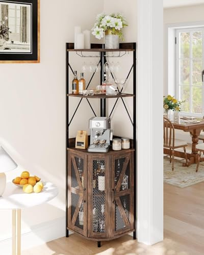 MaticScene Meuble de Bar à Vin d'angle à 5 Niveaux, Armoire de Buffet avec Porte en Verr, Buffet Industriel, Meuble de Rangement avec Éclairage LED pour Salon, Cuisine, Salle à Manger