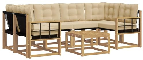 vidaXL Outdoor-Sofagarnitur mit Kissen 7 pcs Weiß und Beige, Moderne Garten-Sofa-Garnitur, Robustes Akazienholz, Bequeme Terrasse, stilvolle Couch zum Entspannen