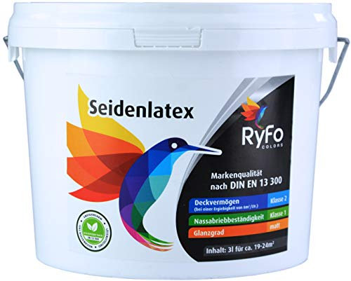 RyFo Colors Seidenlatex 3l (Größe wählbar) - hochwertige zertifizierte Profi Wandfarbe, seidenmatte Innen-Dispersion, Latexfarbe, weiß, scheuerbeständig, Nassabriebklasse 1, lösemittelfrei