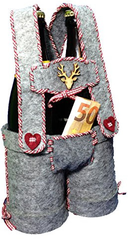 Petra's Bastel-News Nähset Bierflaschlhalter Lederhose inkl. Filzteile (Graumeliert), Holzhirsch, Karoband (rotkariert) und Stopfnadel, für 0,5l-Flaschen, Höhe ca. 18cm, Fliz, Grau, 25 x 18 x 5 cm