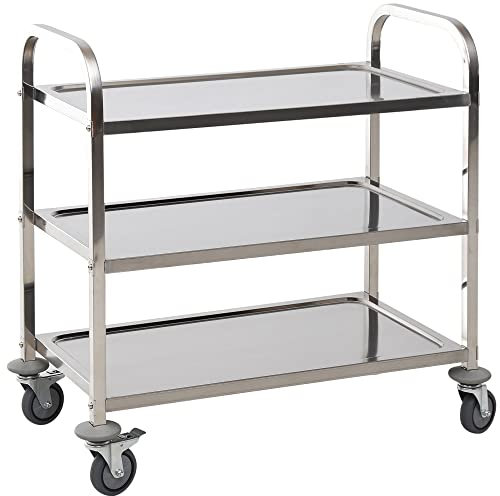 HOMCOM Carrello da Cucina 3 Ripiani Aperti 4 Ruote Omnidirezionali con 2 Freni Cuscinetti Anti-Collisione in Acciaio Inossidabile 430 Argento 90.5x50.5x88.2cm