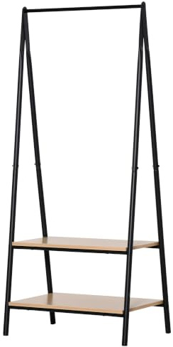 HOMCOM Gaderobenständer Kleiderständer Kleiderstange mit Schuhablage Wäscheständer Metall + Holz Schwarz + Natur 64 x 42,5 x 149 cm
