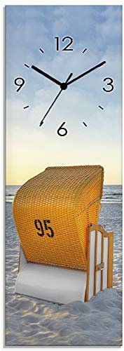 ARTLAND Wanddeko Wanduhr ohne Tickgeräusche Glas Funkuhr 20x60 cm Rechteckig Lautlos Strand Meer Ostsee Strandkorb Urlaub Maritim T9IJ