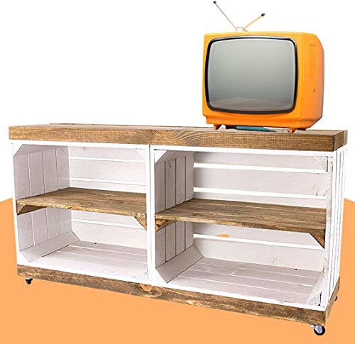 Moooble TV-Schrank aus Regalkisten in weiß und „Used“ auf Rollen 100cm x30cm x50cm Fernseherschrank Weiss und braun Weinkiste Apfelkisten aus dem Alten Land Obstkisten Wohnzimmer Schlafzimmer Holz