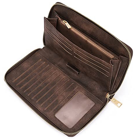 Geldbörse Damen Leder Gross Frauen Clutch Portemonnaie Groß Geldbeutel Lang Portmonee mit 15 Kartenfächer Braun