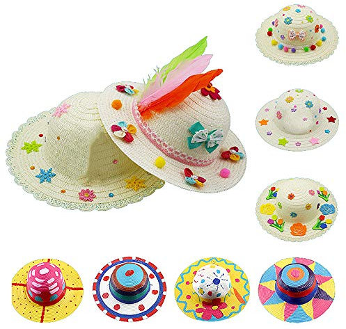 10Pcs DIY Straw Hats Set, 5 Laciness White Straw Hats + 5 Round White Straw Hats for Kids Creative Art Painting & DIY Tea Party Dress Up Hats