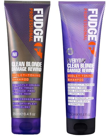 Fudge Professional Clean Blonde Damage Rewind Haircare Duo, Intense Purple Toning Routine, Shampoo and Conditioner Set for Blonde Hair, 2 x 250 ml