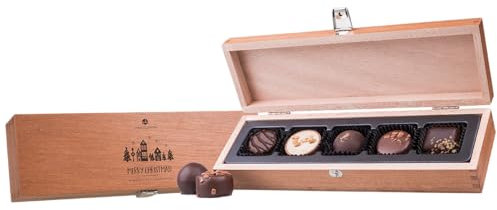 CHOCOLISSIMO Schokolade Geschenk - 4 handgefertigte Pralinen im Holzkästchen - Geschenk zu Weihnachten - Weihnachtspralinen für Frauen, Männer, Frau, Mann, Eltern - Merry Deluxe Pralines