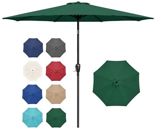 Simple Deluxe 2.74M Outdoor Market Table Patio Umbrella with Button Tilt, Crank and 8 Sturdy Ribs for Garden, Deck, Lawn, Backyard & Pool, Green