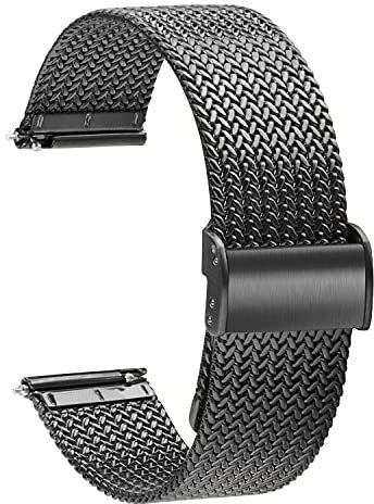 TStrap Mesh Uhrenarmband Metall 20mm - Schnellverschluss Ersatz Uhrenarmbänder für Herren Damen - Mailänder Smartwatch Armband aus Edelstahl Schwarz - 16mm 18mm 20mm 22mm