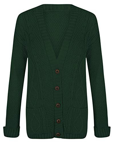LUXE DIVA New Womens Everyday Long Sleeve Button Top Ladies Chunky Aran Cable Knit Grandad Cardigan UK Size 8-26 Bottle Green