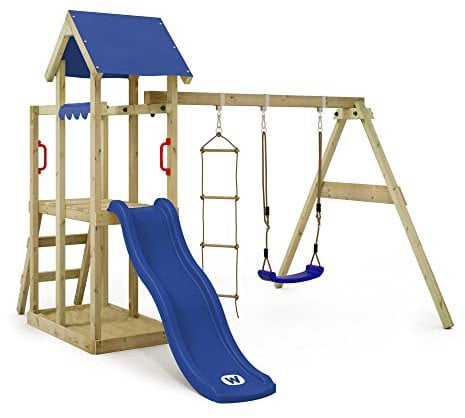 WICKEY Spielturm Klettergerüst TinyPlace mit Schaukel & Blauer Rutsche, Outdoor Kinder Kletterturm mit Sandkasten, Leiter & Spiel-Zubehör für den Garten