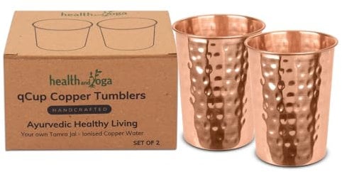 HealthAndYoga™ qCup Pure Copper Tumblers for Drinking - Ayurvedic Health Pure Copper Cups – 2 pcs. set - 250 ml.(8 fl oz) (Hammered)