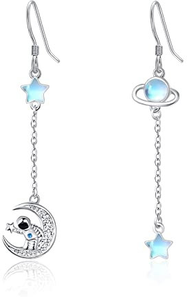 KINGWHYTE Mondstein Ohrringe S925 Sterling Silber Milchstraße Astronaut Planetarische und Mond Ohrhaenger Stern Tropfen Ohrringe Hängend Schmuck Geschenke