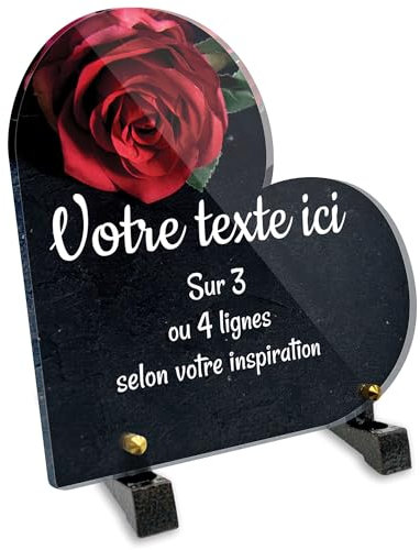 Plaque funéraire Coeur personnalisable en plexi motif Rose rouge sur ardoise, différentes tailles, épaisseur 6mm, personnalisée sur plusieurs lignes 15x15 cm