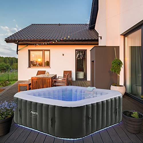 Arebos Spa Inflatable Hot Tub | Indoor & Outdoor Spa Pool | 2400 W | automatic inflatable | 6 persons | 185x185 cm | LED lighting | 130 massage jets | 910 L | Incl. cover | Bubble Spa