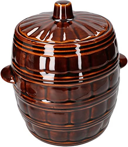 KOTARBAU® Barril de gres con tapa 5 L, Marrón, Jarrón de barro, Recipiente de cerámica con asas, Olla de cocina para fermentación, Tarro para fermentar chucrut, kimchi, Apto para horno y lavavajillas