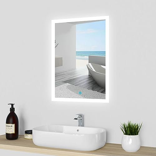Acezanble 600x500 Bathroom Wall Mirror with LED Lights, LED Bathroom Mirror with Demister Pad, Anti-fog, Touch Sensor Switch, Wall Mounted Vanity Mirror Vertical or Horizontal