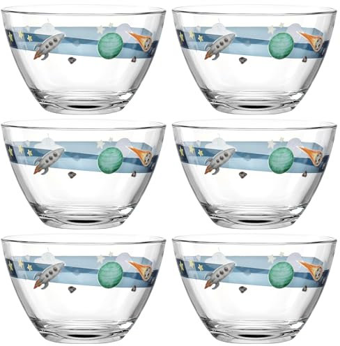 LEONARDO Bambini Avventura Lot de 6 saladiers pour enfant en verre à paroi épaisse Contenance 400 ml Diamètre 12 cm Passe au lave-vaisselle Robuste Motif espace