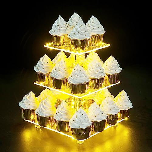 OLACHIKKO Cupcake-Ständer, 3-stöckiger Cupcake-Halter mit LED-Lichtschnur, Acryl-Cupcake-Turm, Dessertturm, Gebäckständer, Cupcake-Etagenständer für Hochzeit, Geburtstagsfeier (gelbes Licht)