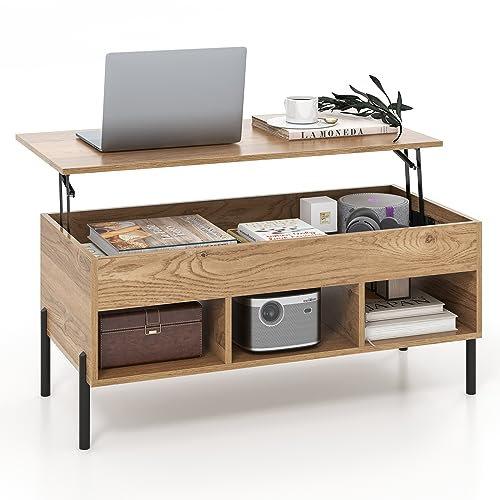 COSTWAY Lift Up Top Coffee Table, Wooden Lifting Cocktail Center Table with Hidden Storage Compartment, Open Shelf and Metal Legs, Adjustable Rectangular Accent Sofa Side Tea Table for Living Room