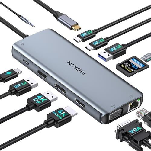Docking Station USB C avec 3 Moniteurs,12 en 1 Station d'accueil USB C vers HDMI et Displayport et VGA, Ethernet RJ45, 100W PD, USB 3.0/2.0, SD/TF et Audio, Dock USB C pour MacBook HP Lenovo Dell ASUS