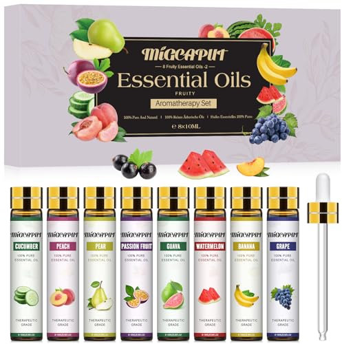 MIGCAPUT Set Huiles Essentielles Fruitées 8 x 10ML, Huiles Essentielles Fruits 100% Naturelle, Huiles Fruitées Aromathérapie pour Diffuseur, SPA, Massage, DIY - Raisin, Pêche, Goyave, Pastèque