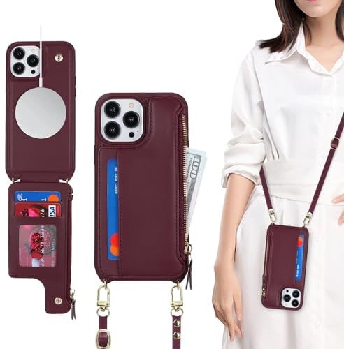 SailorTech for iPhone 14 Pro Case with Credit Card Holder magsafe, iPhone 14 Pro Phone Leather Case Wallet for Men Crossbody with mag safe Zipper Shockproof Case for Women - Burgundy