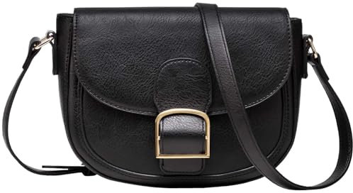 Kasgo Umhängetasche Damen, Vegane Leder Handtasche Kleine Schultertasche Retro Satchel Tasche Crossbody Bag für Frauen mit verstellbarem Gurt Schwarz