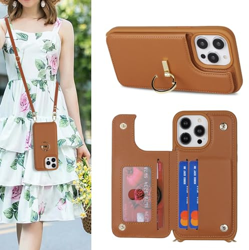 SailorTech iPhone 14 Pro Case with Credit Card Holder, Leather Case Ring Stand with Kickstand Strap Card Slots Wallet Crossbody - Brown