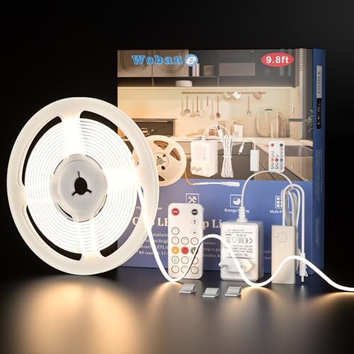 WOBANE Striscia Led COB 3 Metri 12V, Strisce Led Adesive con Telecomando Dimmerabile, CRI90+, Striscia Led Alta Luminosità con Spina per Cucina Sottopensile,Armadio,Vetrine, Bianco Naturale 4000K
