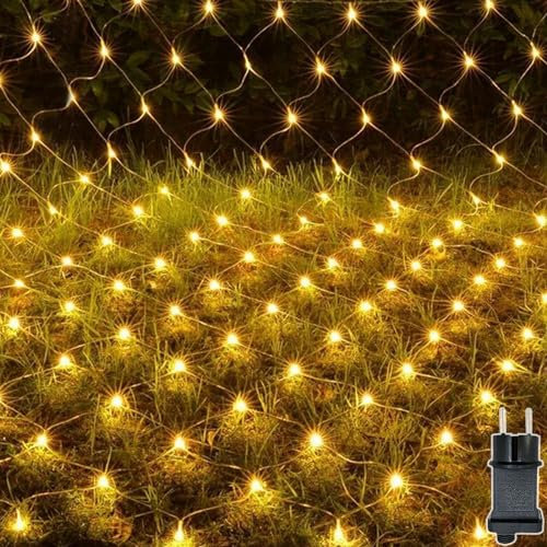 Meision Lichternetz Außen 1.5 x 1.5m 100 LEDs, Lichterkette Innen Netz mit Timer + 9 Modi Stecker + Speicherfunktion, IP44 Erweiterbar Mesh Lichtervorhang für Balkon, Büsche, Garten, Warmweiß
