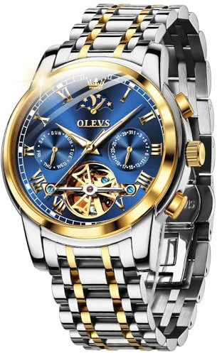 OUPINKE Herrenuhr Automatik Luxus Skelett Mechanik Blau Zifferblatt mit Mondphase Tourbillon Tag Datum Wasserdicht Luminous Zweifarbige Edelstahlarmband