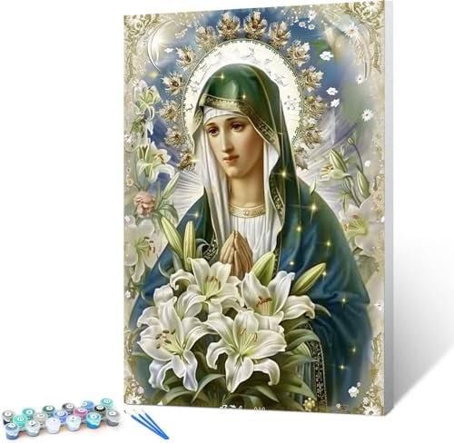 Malen Nach Zahlen Erwachsene Maria, DIY Ölgemälde Leinwand Set mit Pinsels und Farbe, Jungfrau als Geburtstag Weihnachten Geschenk für Frauen Home Deko 60x80cm (rahmenlos)
