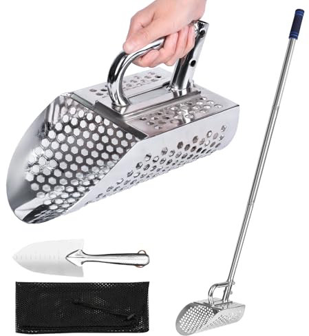 comincia Sand Scoop with Long Handle, Stainless Steel Metal Detector Sand Scoops, Handheld 2-in-1 Sand Scoop for Beach Metal Detecting for Underwater Treasure Hunting