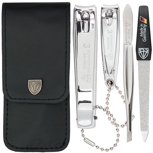 DREI SCHWERTER Germany Maniküreset Nagel Set 'Bari' - 4-tlg. aus Kunstleder in schwarz, Inhalt: Pinzette, Saphirnagelfeile, Fingernagelknipser, Fußnagelknipser, perfekt für die Handtasche!