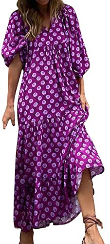Generisch Sommerkleid festlich Damen midi Sommerkleid Damen Baumwolle lang cocktailkleider Damen Sommer Sommerkleid Damen blumenprint lang Damen Sommerkleid kurzarm mit Taschen prom Dresses blau