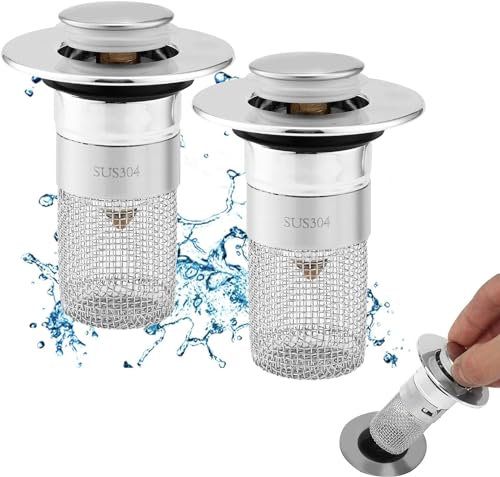 Swiss Petrona 2 Pièces Filtre à Evier en Acier Inoxydable 34x40mm, Bonde de Lavabo avec Panier Filtrant, Filtre Evier Cuisine, Bonde Salle de Bain, Datering Bonde Baignoire, Résistant aux Fissures