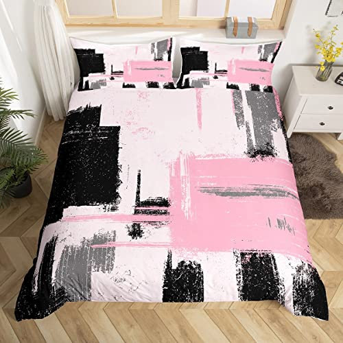Homemissing Abstrait Housse de Couette 200x200cm Art Abstrait Moderne Parure de Lit Filles Enfants Rose Noir Motif Parure de Lit décoration de Chambre Ensemble de Literie 3 pièces