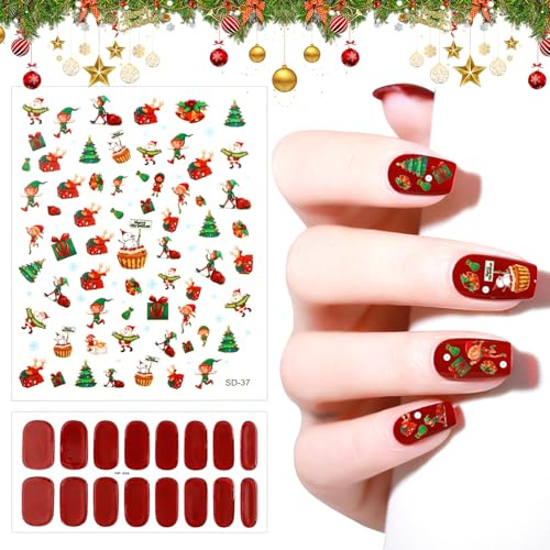 16 Blatt Weihnachts UV Gel Nagelfolie, mit Nagelsticker Weihnachten, UV Gel Strips, Nagelaufkleber Selbstklebend mit Nagelfeile, Weinrot Full Wraps Nagelaufkleber, Nageldesign Zubehör