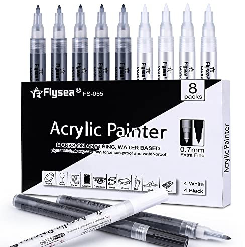 LCDGTJ 8 Pezzi Pennarello Acrilico Nero Bianco 0.7mm Punta Fine, Pennarelli Vernice Acrilici Impermeabili per Sassi, Legno, Vetro, Ceramica, Tessuti - Ideale per Artisti e Bambini