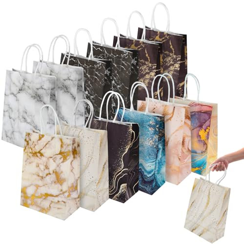 12 Stück Geschenktüten mit Henkel, Geschenktüte Kraftpapiertüten mit Henkel, Bunte Mitgebsel Tüten Papiertüten für Verpacken von Kindergeburtstag, Party, Geschenken, Hochzeiten (21 x 15 x 8cm)
