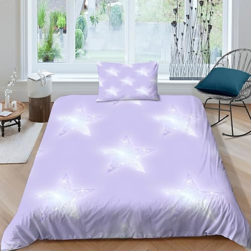 GDEKCIEAS Lilac Glitter Stars Bedding Set 2 Pieces for Kids Teens Duvet Cover Comforter Cover Bedspread Quilt Cover Ultra Soft Microfiber Zipper Closure Home Decor for All Ages Single(135x200cm)