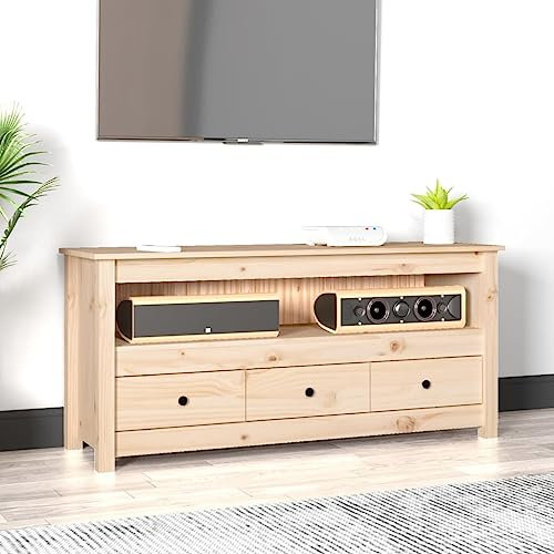 OHOOWOO Mobile Porta TV 114x35x52 cm in Legno Massello di Pino,Mobile Porta TV in Legno Pino, Stile Rustico, Spazioso e Robusto
